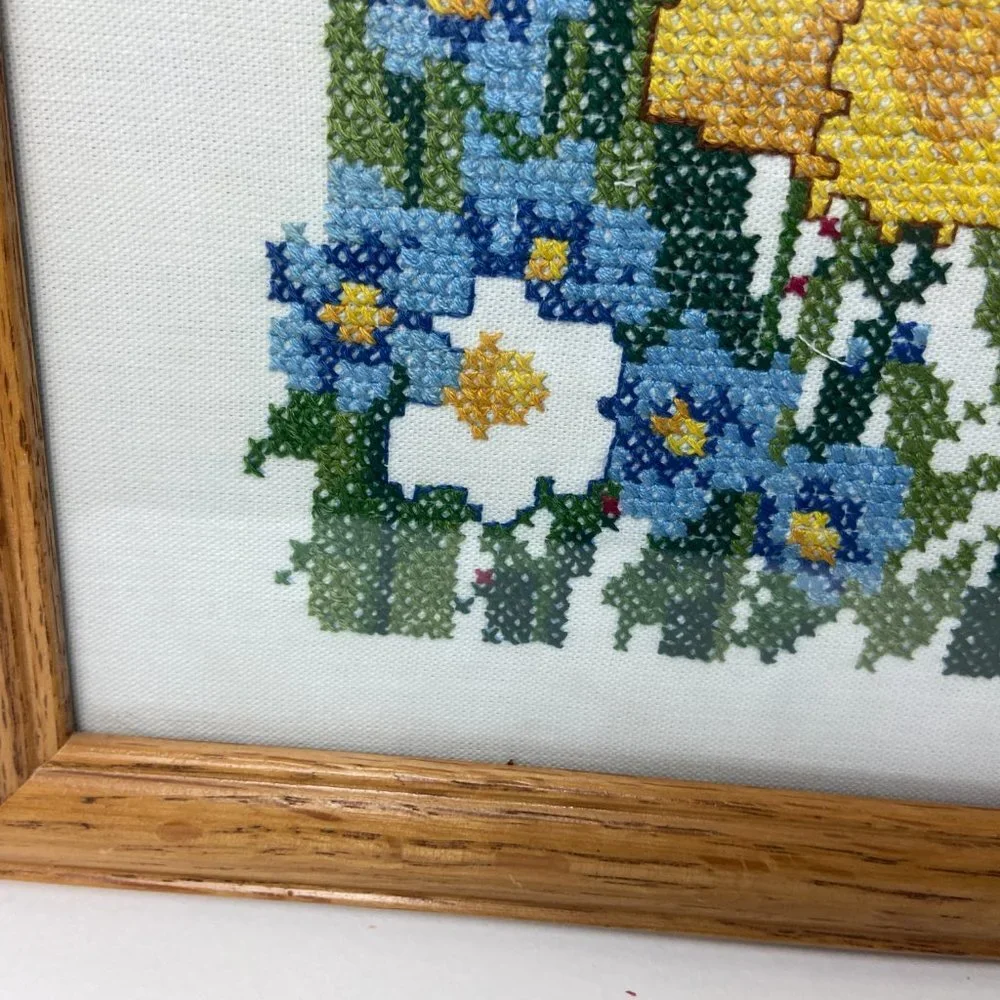 Vintage Cross stitch Flowers Butterfly Wooden Frame Handmade